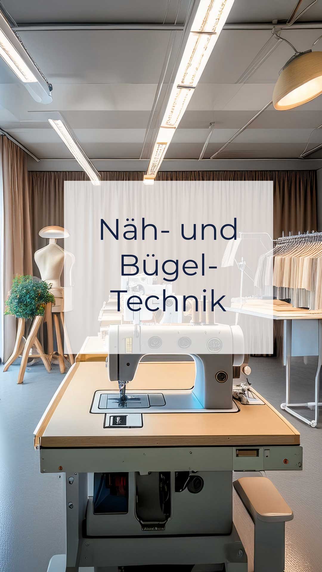 mehrere Industrienaehmaschinen auf Tischen, im Hintergrund Buegeltechnik