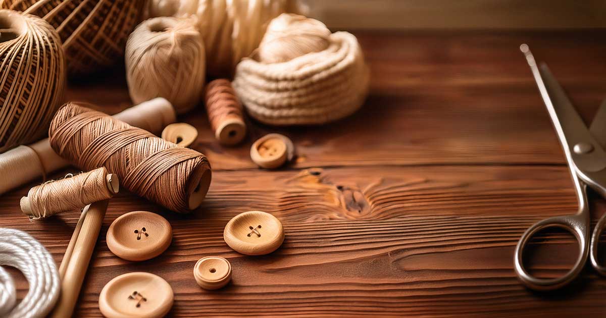Garnrollen in unterschiedlichen Groessen, Holzknoepfe, Schere (mit KI generiert)