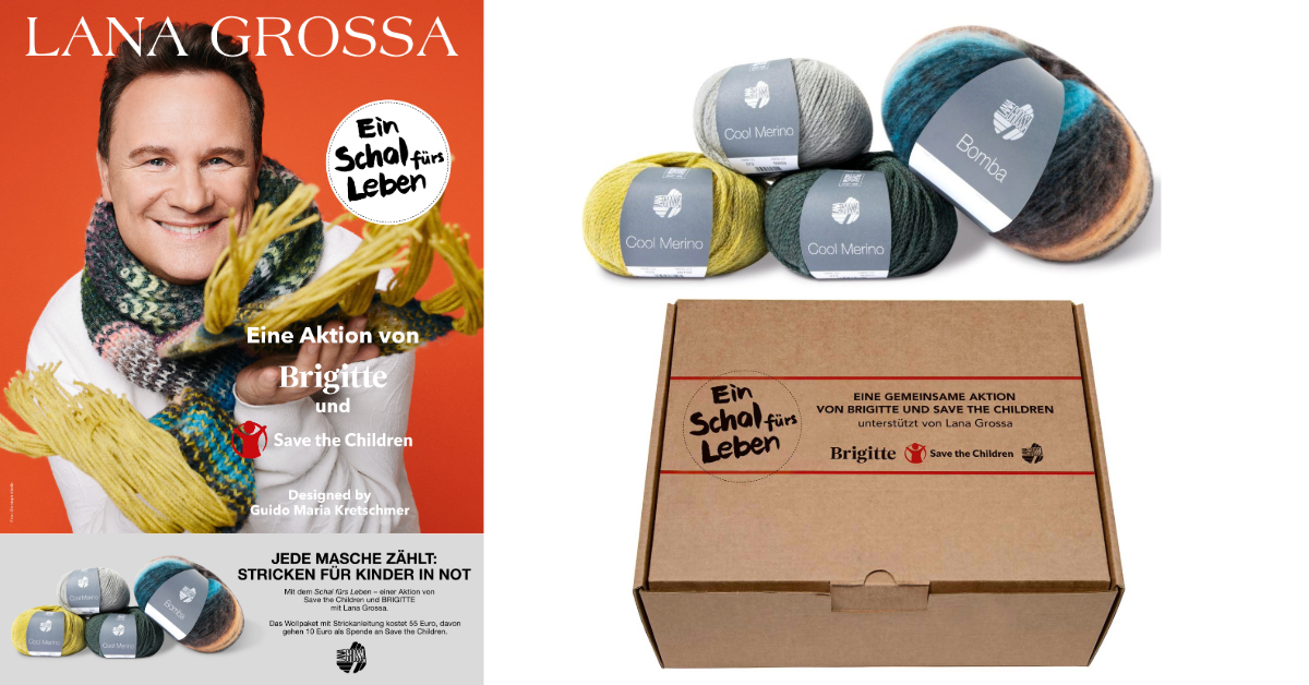 Flyer von Lana Grossa mit Guido Maria Kretschmer, dem Schal fürs Leben, die Wolle dafür und das dazugehörige Paket